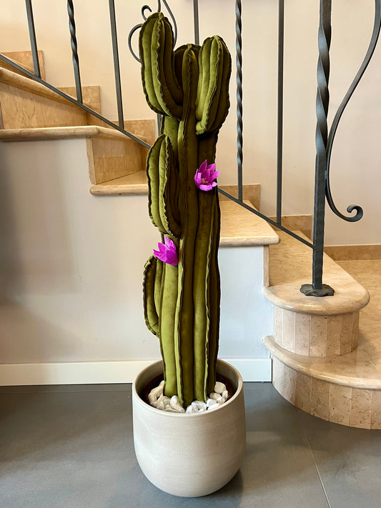 Big cactus in velluto verde scuro brillante -  altezza circa 104 cm  - completo di  fiori (staccabili) - in pronta consegna - SPEDIZIONE GRATUITA