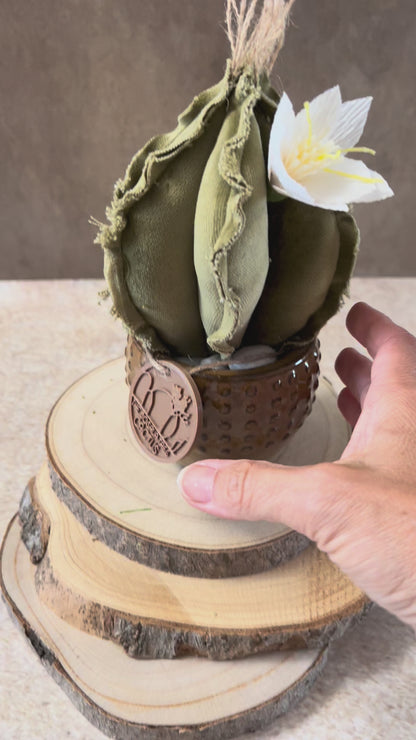 Mini Cactus in velluto verde, vaso in ceramica lucida color marrone con motivo puntinato, altezza circa 19 cm